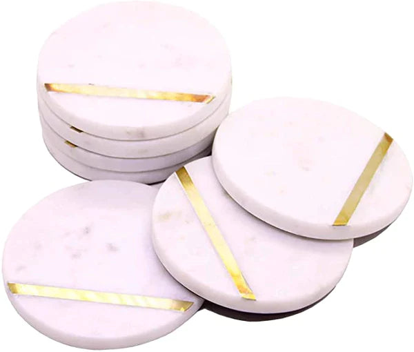 White Marble Tea & Coffee Coasters Gold Brass