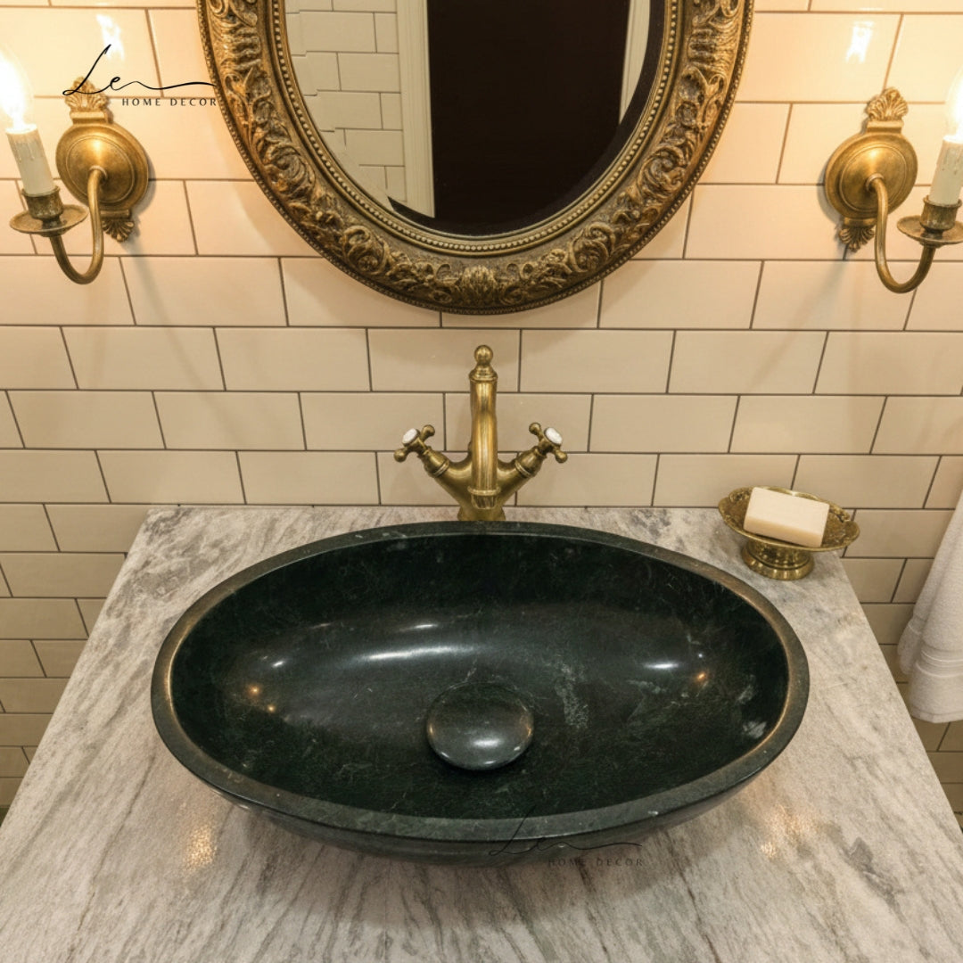 Royal Green Marble Oval Bathroom Basin – Premium Stone Finish