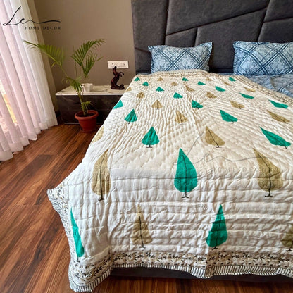 Hand Block Printed Organic Cotton Quilted Blanket - Christmas Tree