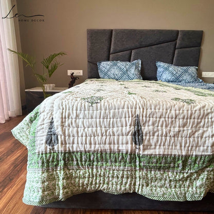 Hand Block Printed Organic Cotton Quilted Blanket - Forest Green