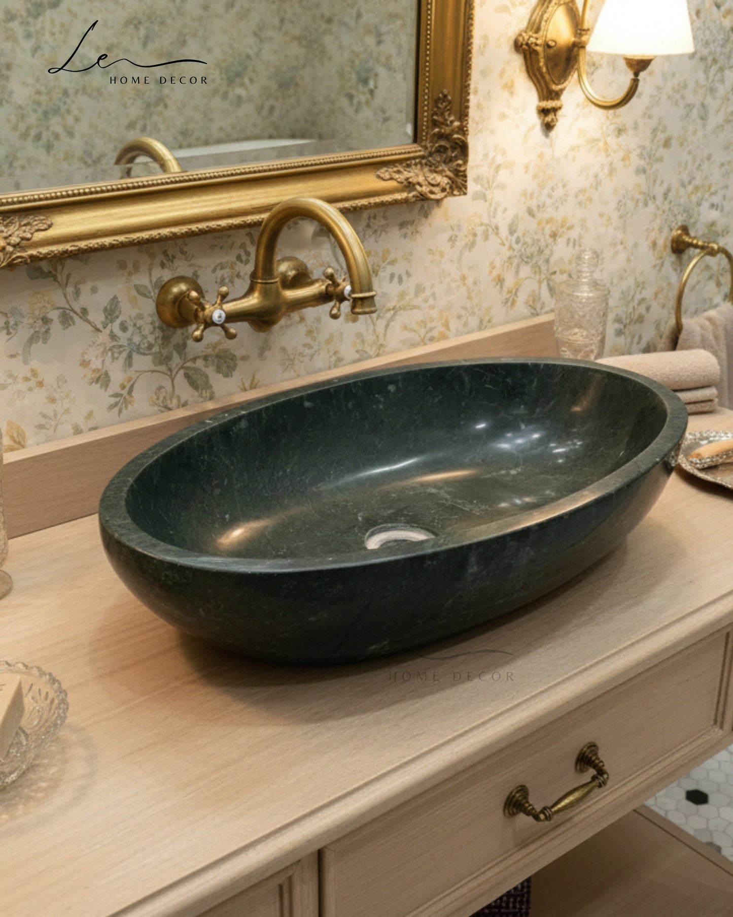Royal Green Marble Oval Bathroom Basin – Premium Stone Finish