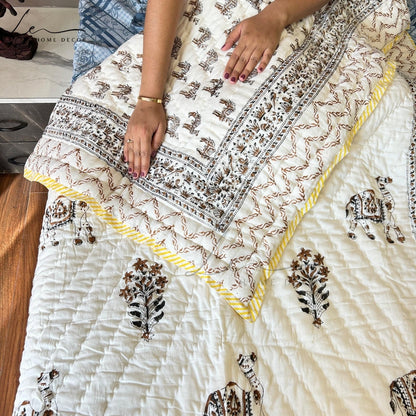 Hand Block Printed Organic Cotton Quilted Blanket - Camel