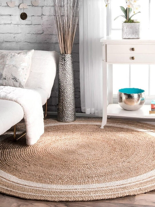 Beige Round Shaped Eco-Friendly Braided Jute Carpet