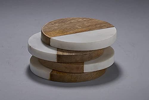Natural White Marble And Wood Round Coaster Set