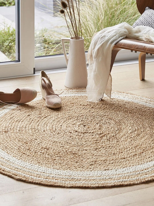 Beige Round Shaped Eco-Friendly Braided Jute Carpet
